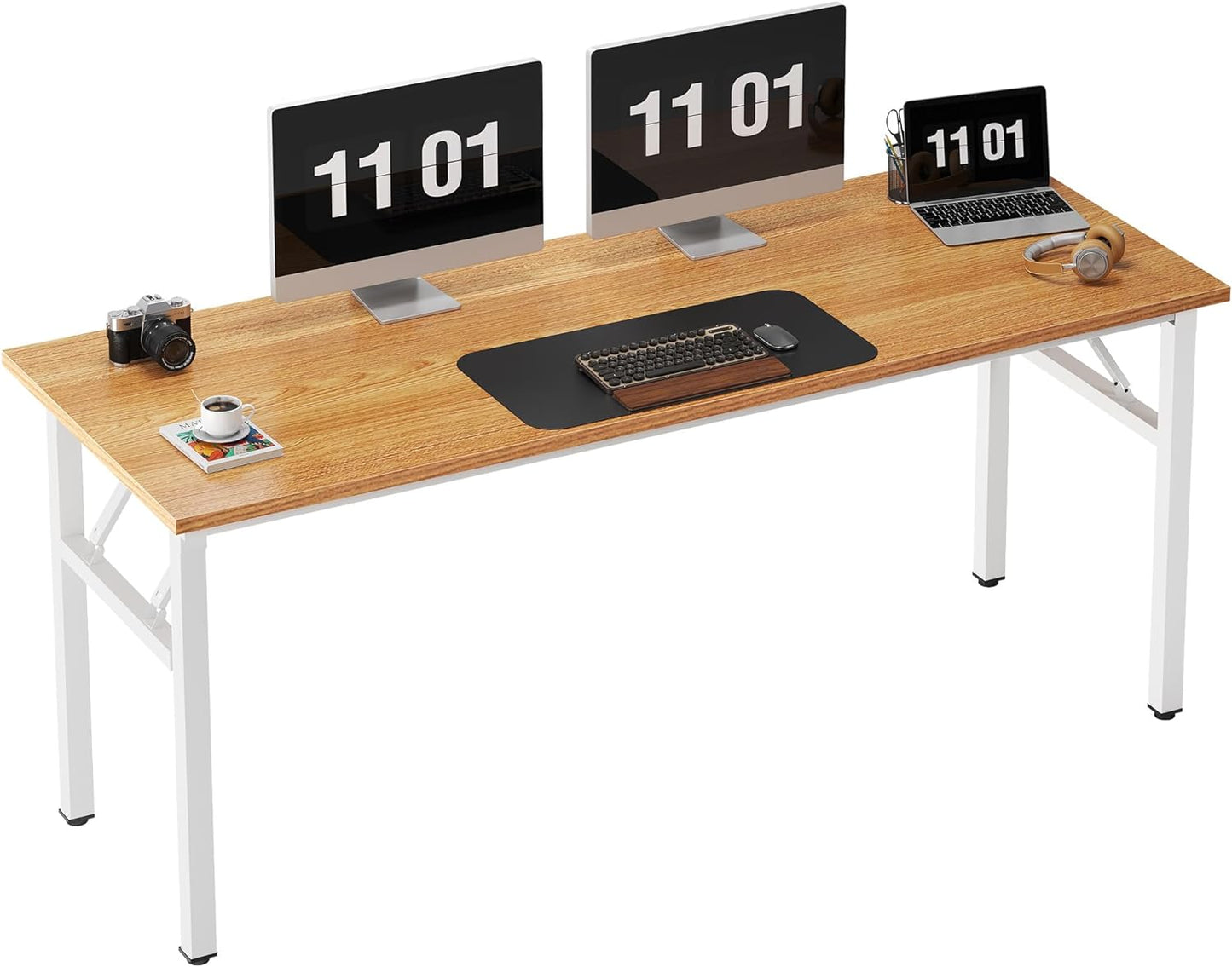 Computer Desk Office Desk 62 Inches Folding Table with BIFMA Certification Conference Table Workstation,Teak White