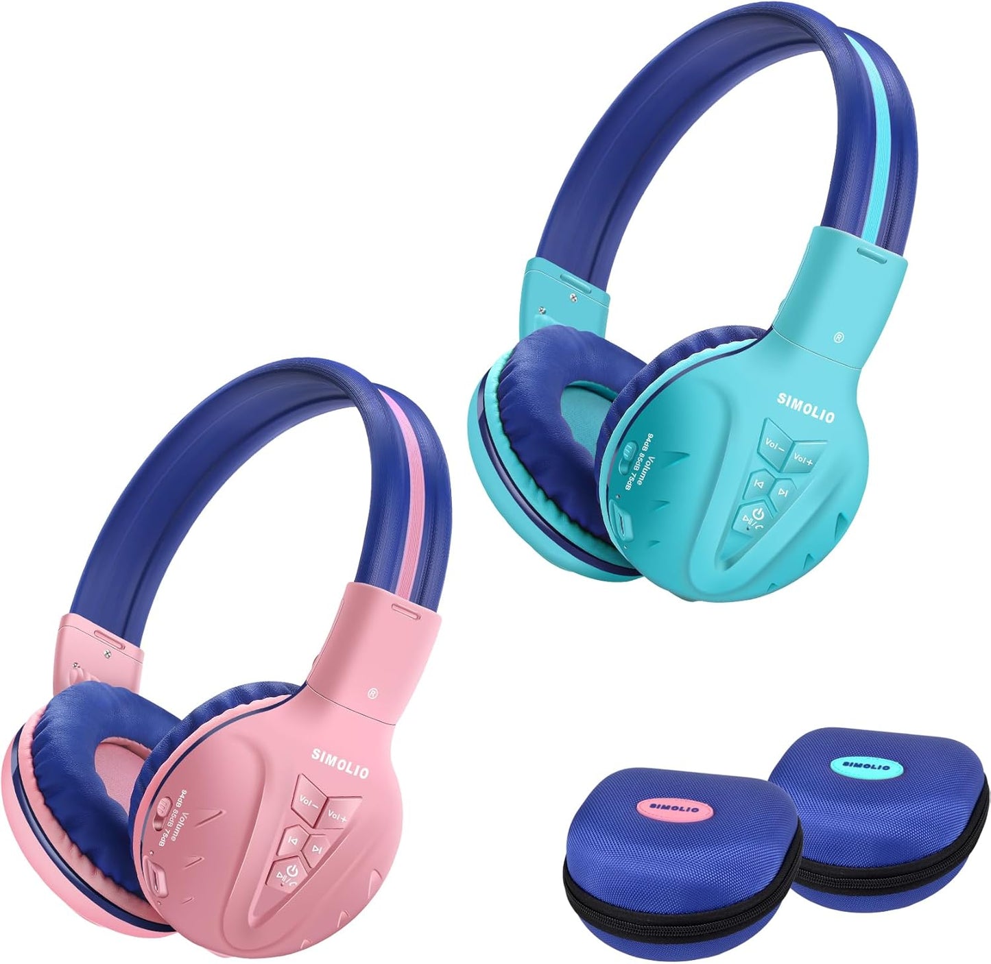 2 Pack Kids Bluetooth Headphones with Share Port, 75/85/94Db Volume Limit W/Mic for Toddler Teens, Bluetooth 6.0, 30H Playtime, Foldable Headsets W/Travel Case for School Airplane Ipad PC