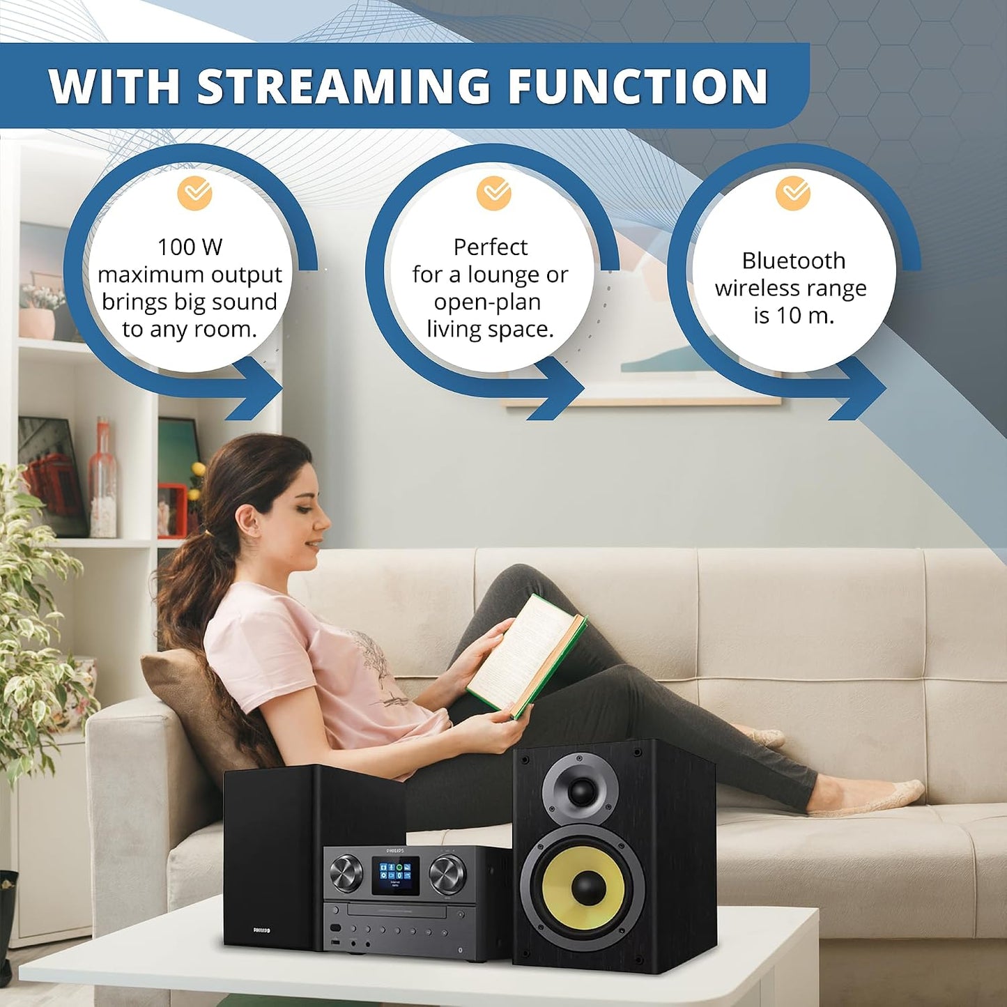 Philips Bluetooth & Wifi Stereo System for Home with CD Player, Spotify, Internet Radio, FM Radio, MP3 Playback, Crisp Highs and Rich Bass 100W, Remote Control Included