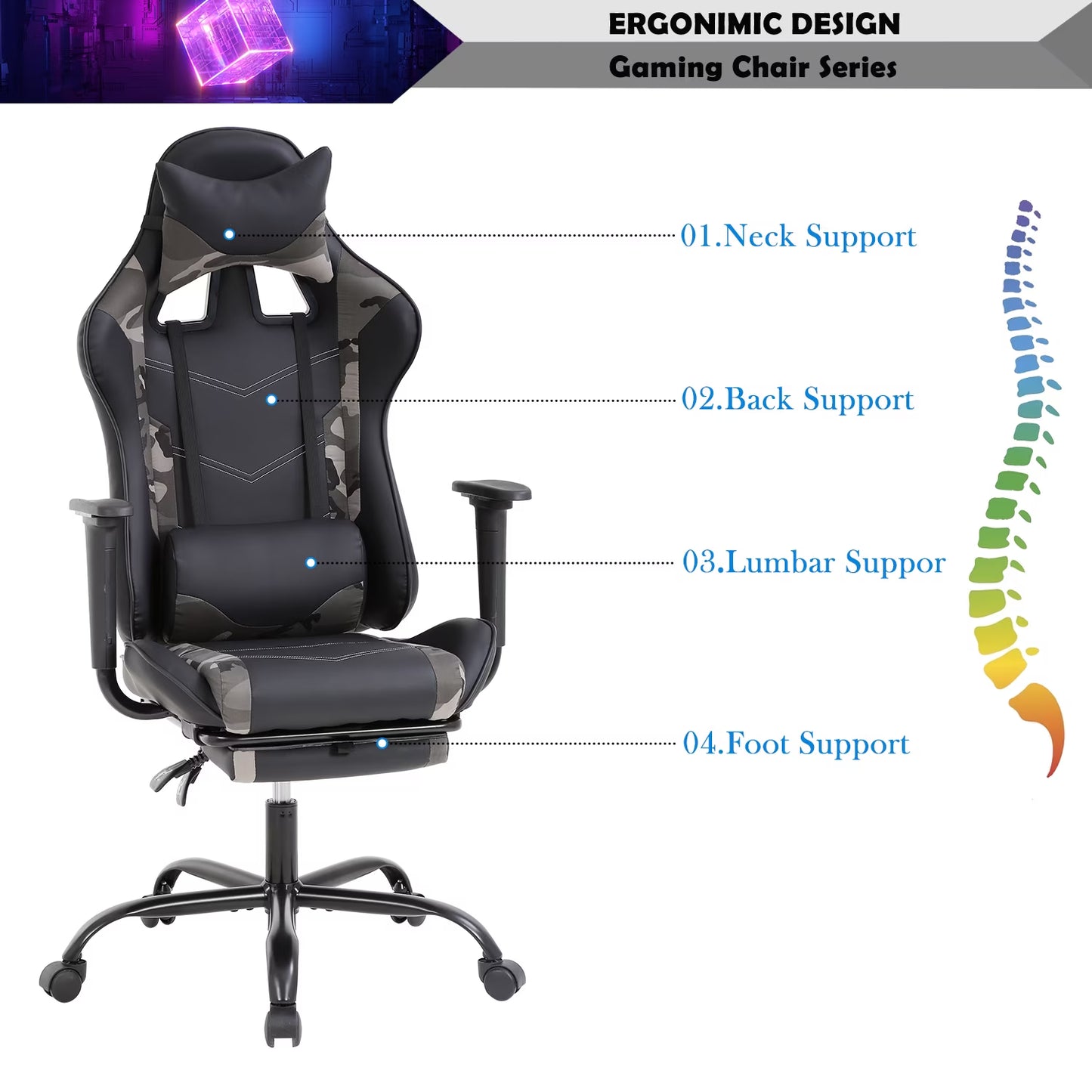 Gaming Chair Racing Office Chair Ergonomic Desk Chair Massage PU Leather Recliner PC Computer Chair with Lumbar Support Headrest Armrest Footrest Rolling Swivel Task Chair for Adults, Camo