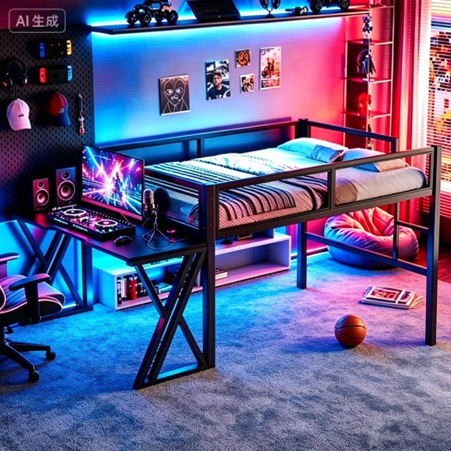 Full Size Gaming Loft Bed with Desk, USB Ports & LED Lights, Metal Loft Bed Frame with Mesh Guardrails, Space-Saving for Dorms, Bedrooms, & Gaming Setups (Black/Full)