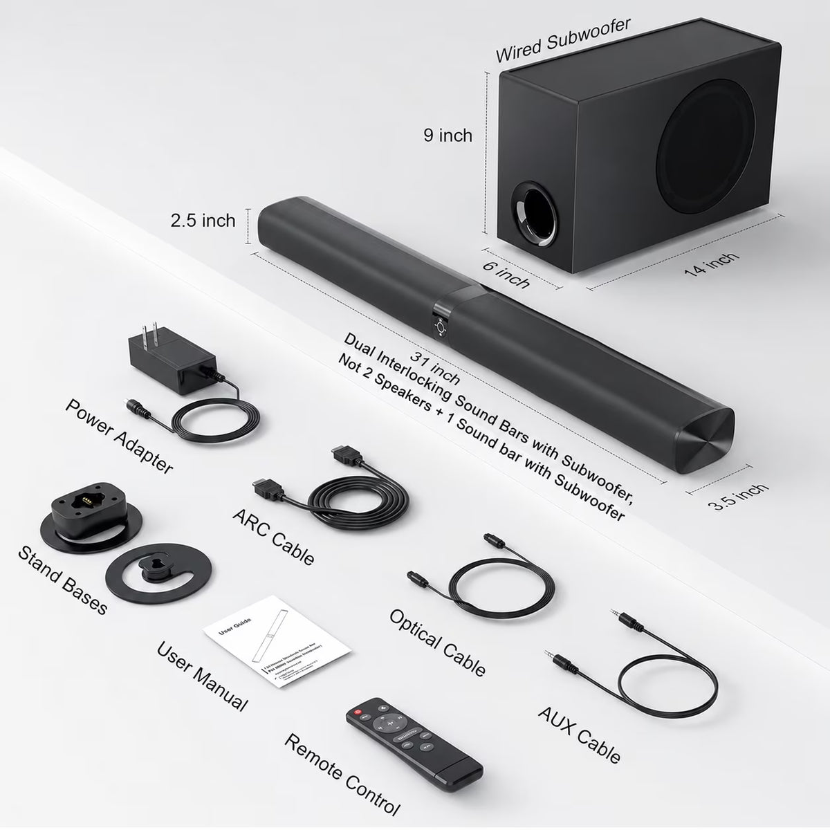 Sound Bar for Smart TV, 110W Sound Bar with Subwoofer, 2 in 1 Detachable Bluetooth Soundbar for TV with Deep Bass & Volume Boost & 3 Equalizer Modes, Black