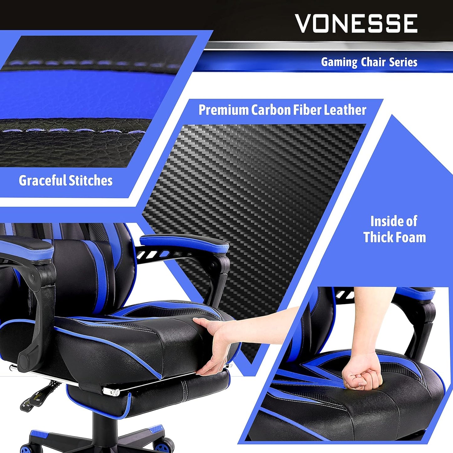 Gaming Chair with Footrest Reclining Computer Chair with Massage Gamer Chair Big and Tall Gaming Chair Ergonomic PC Gaming Chair Adults Computer Gaming Chairs for Heavy People 300LBS (Blue)