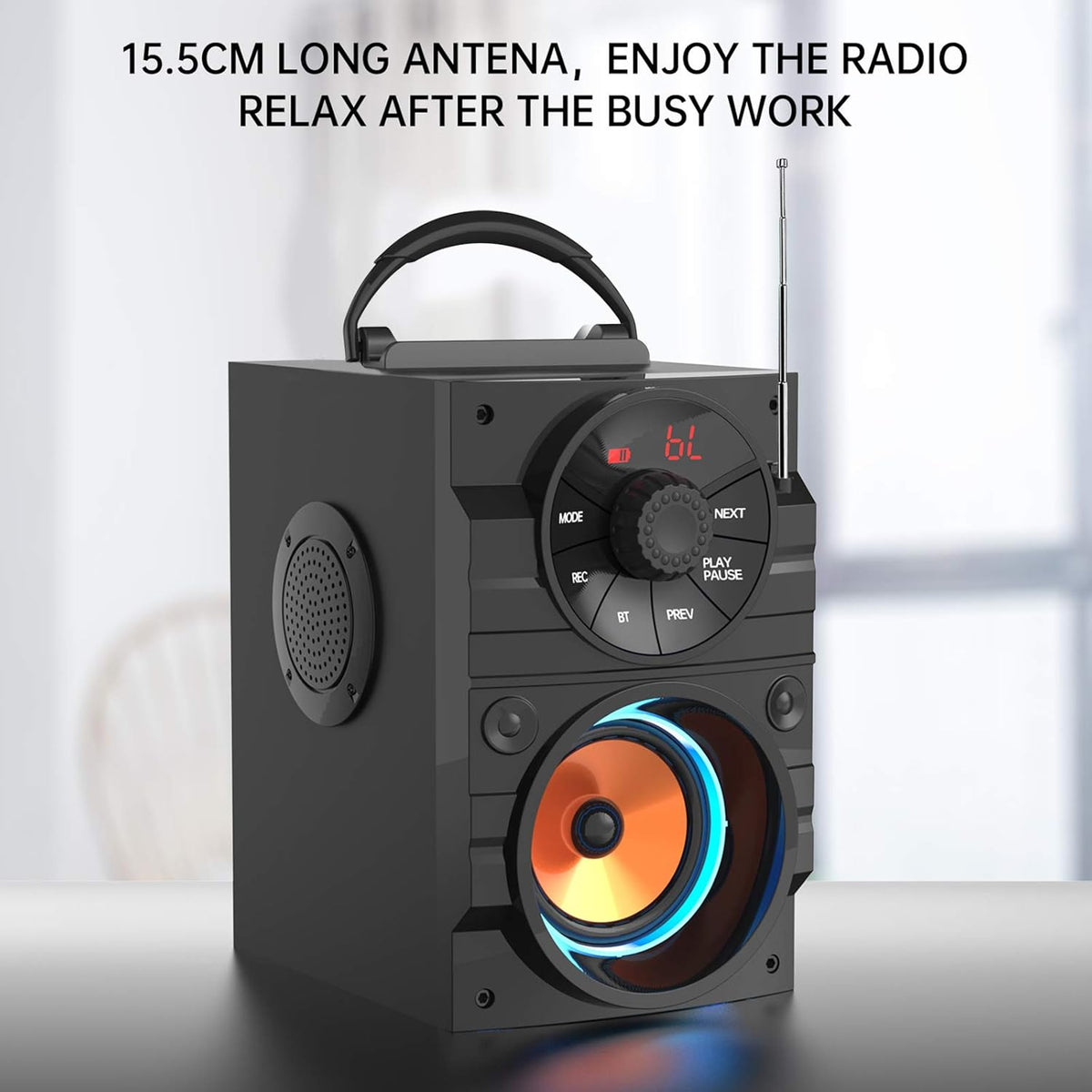 Portable Big Bluetooth Speakers with Light, Wireless with Subwoofer, FM Radio, LED Lights, EQ, Booming Bass, Bluetooth 4.2 Stereo Loud Outdoor/Indoor Retro, for Home, Camping, Travel, Black