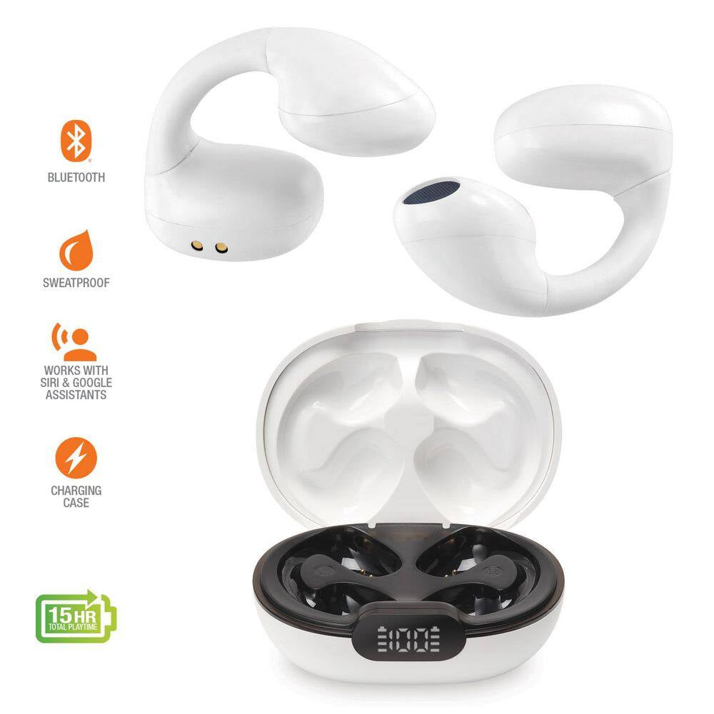 White Truly Wireless Bluetooth Open Ear Clip, Supports Siri and Google Assistants, Sweatproof Earbud and In-Ear