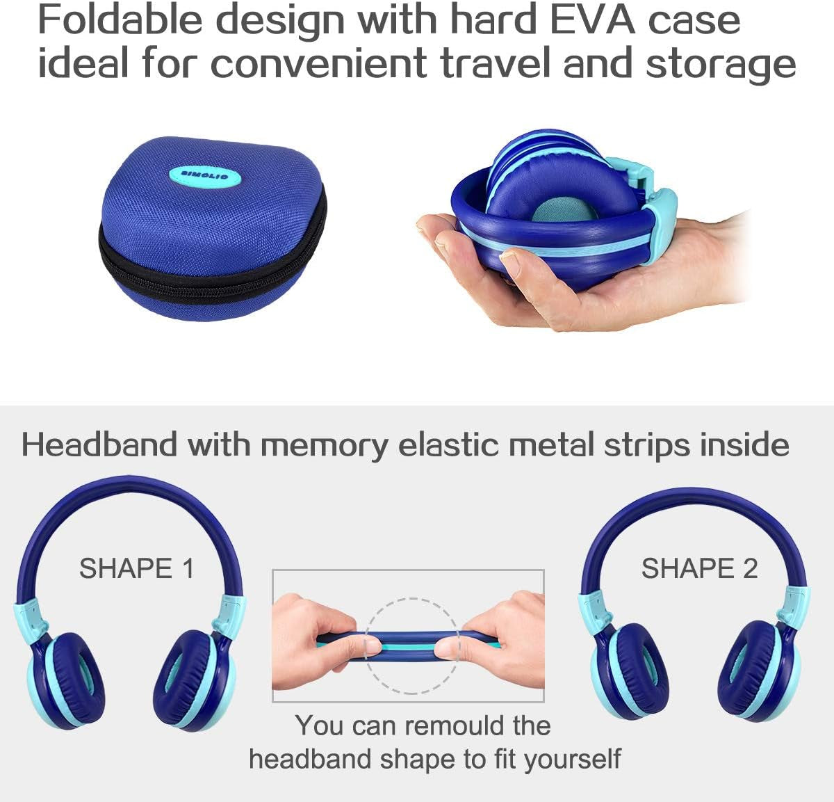 Kids Bluetooth Headphones with Microphone and 75Db,85Db,94Db Volume Limit, Foldable Lightweight & Adjustable, Wireless Headphones for Kids Boys Girls Children Tablet Ipad Blue