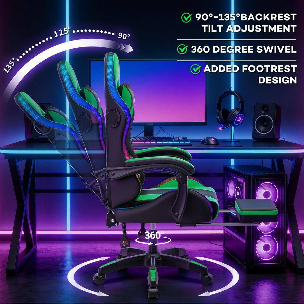 Faux Leather Gaming Chair with Speakers and Massage Ergonomic Music Rhythm LED Lights Game Chair in Green with Footrest