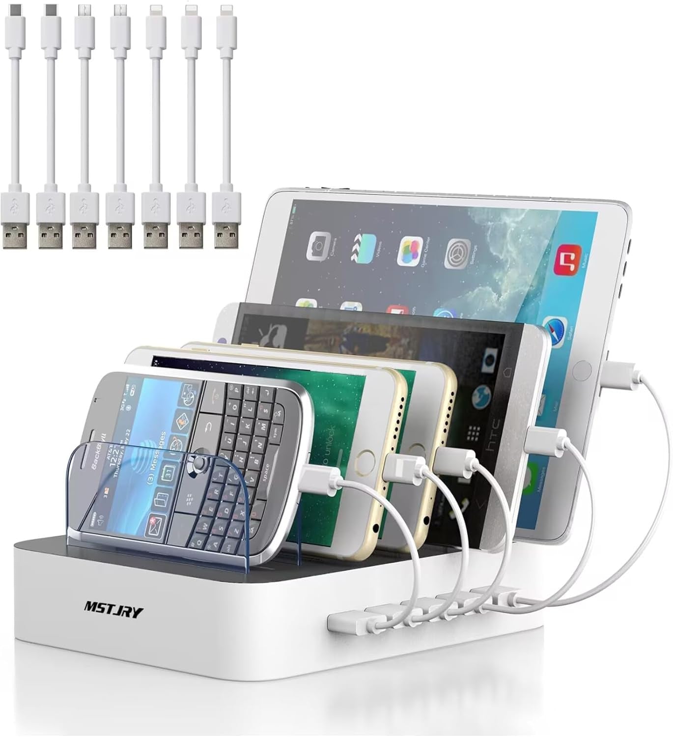 Charging Station for Multiple Devices : 5 Port Multi USB-A Charger Stations Multi-Device Organizer Charging Dock Designed for Iphone Ipad Cell Phone Tablets (7 Short Cables Included)