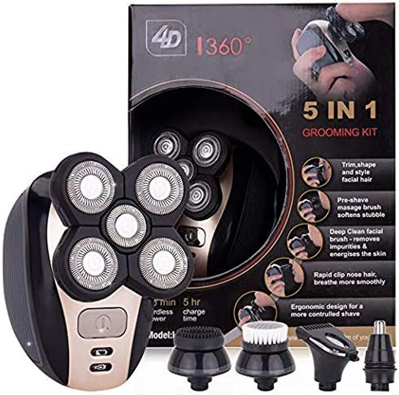 Men'S Electric Bald Razor, 5 in 1 Bald Men'S Head Shaver, IPX7 Waterproof Shaver Heads, Nose Hair Sideburn Trimmer, USB Rechargeable Bald Head Razor