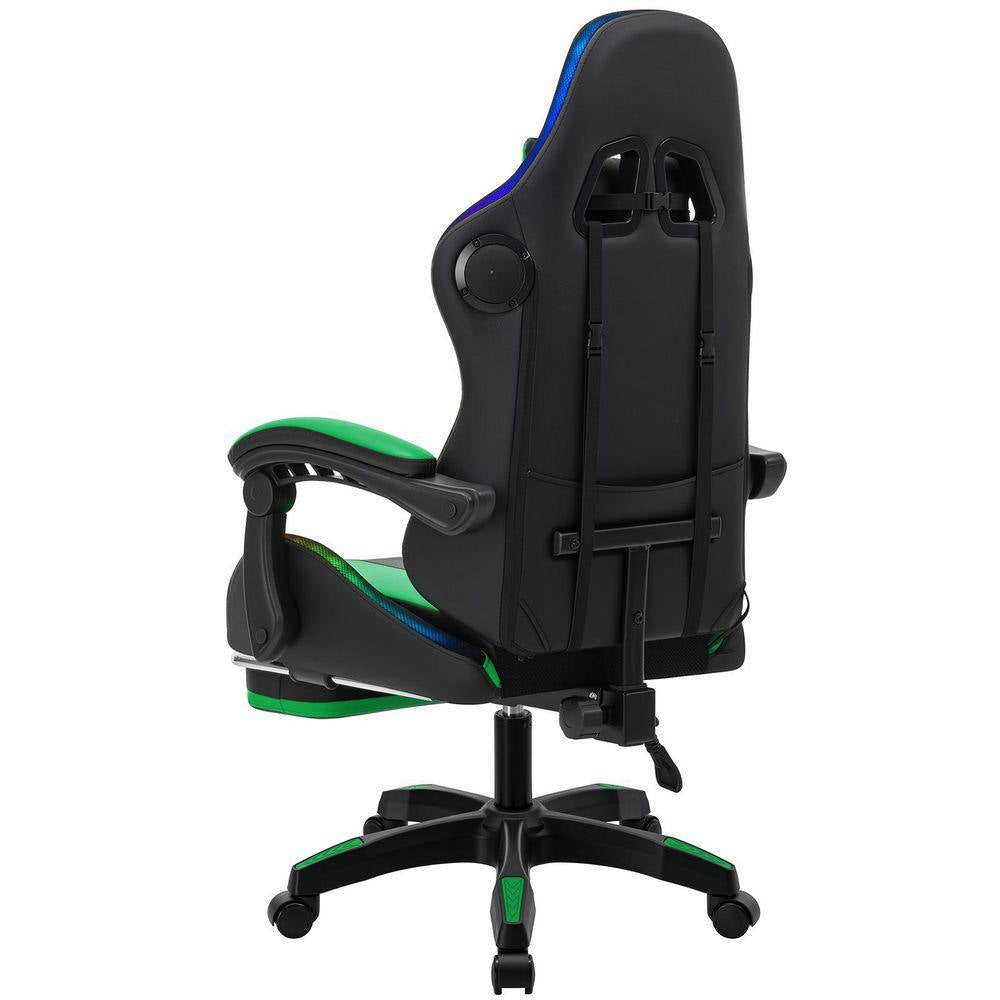 Faux Leather Gaming Chair with Speakers and Massage Ergonomic Music Rhythm LED Lights Game Chair in Green with Footrest