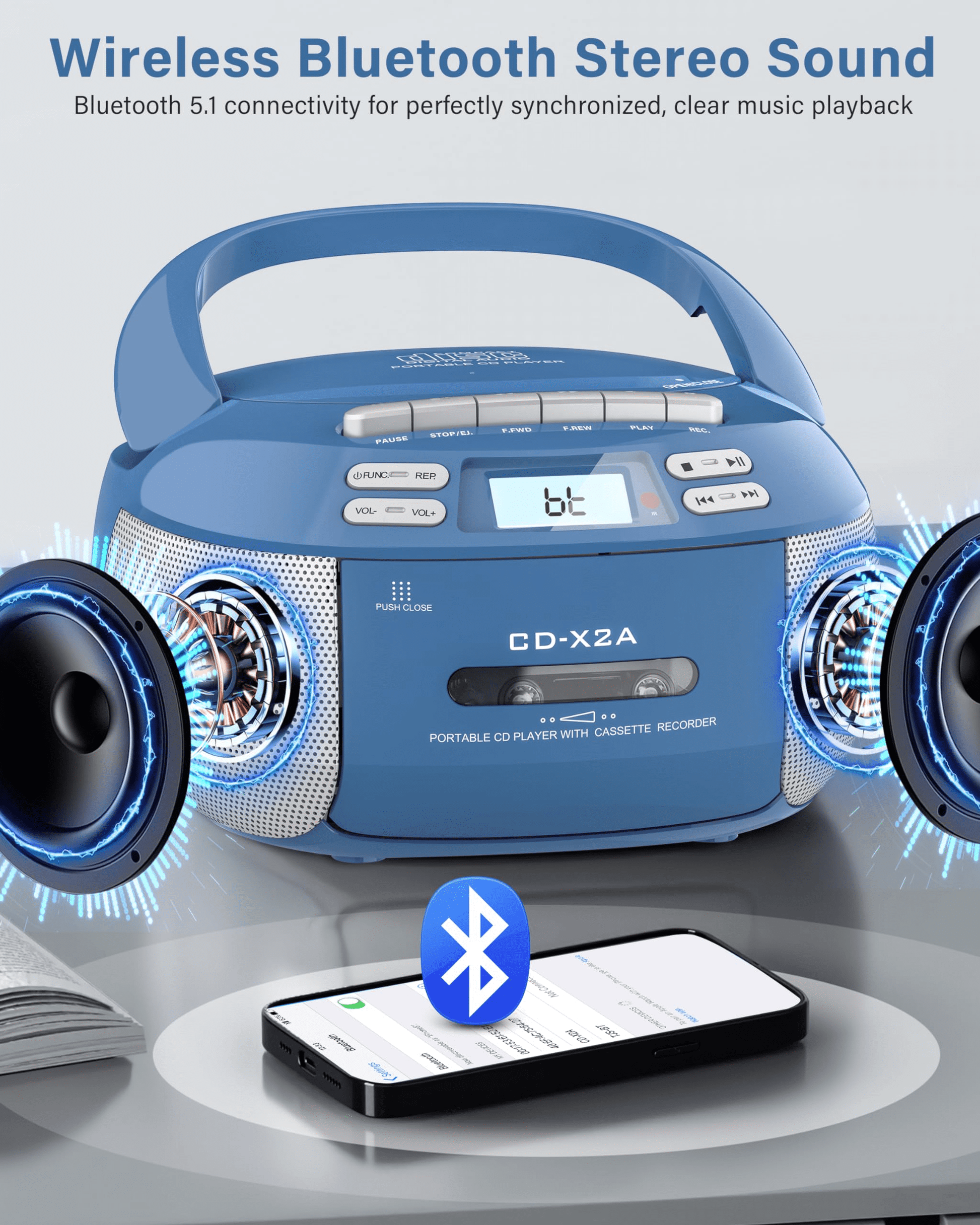CD Player Combo with Bluetooth, Boombox Cassette Portable CD Players, Support AM FM Radio/Remote Control/Aux/Usb/Earphone, Ac/Battery Operated, LCD Display for Home,Kids,Gift (Blue)