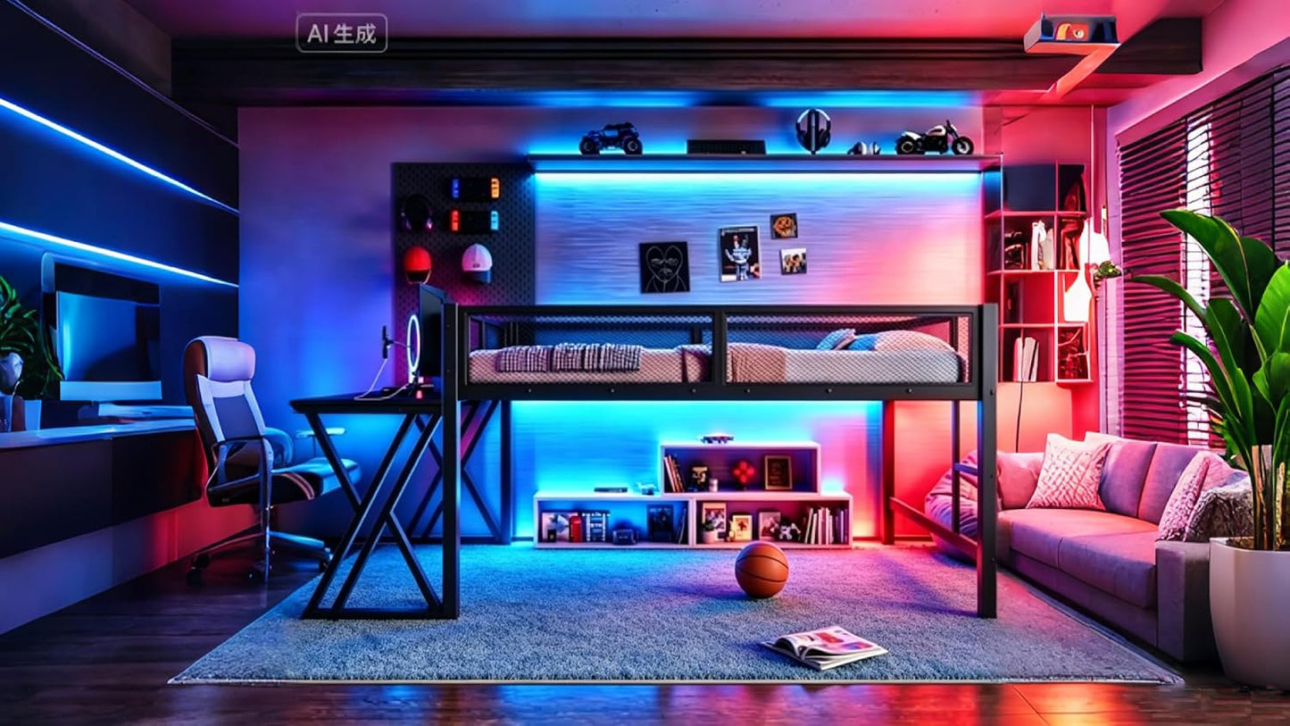 Full Size Gaming Loft Bed with Desk, USB Ports & LED Lights, Metal Loft Bed Frame with Mesh Guardrails, Space-Saving for Dorms, Bedrooms, & Gaming Setups (Black/Full)