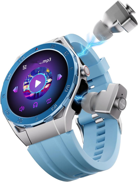 F33 Smart Watch with Earbuds 3 in 1 MP3 Bluetooth Headset 1.43 Inch Smartwatch Built-In Wireless Earbuds Speaker round Fitness Tracker Body Health Monitor 4GB Memory Local Music Player (Light Blue)