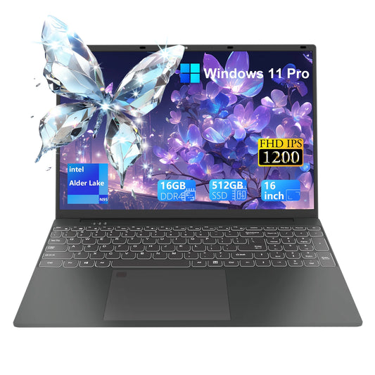 16 Inch Windows 11 Pro Laptop 16GB RAM 512GB SSD with 4 Core Intel Alder Lake N95, 1920X1200 FHD IPS Screen, Fingerprint, Backlit Keyboard, Ultra Thin and Light