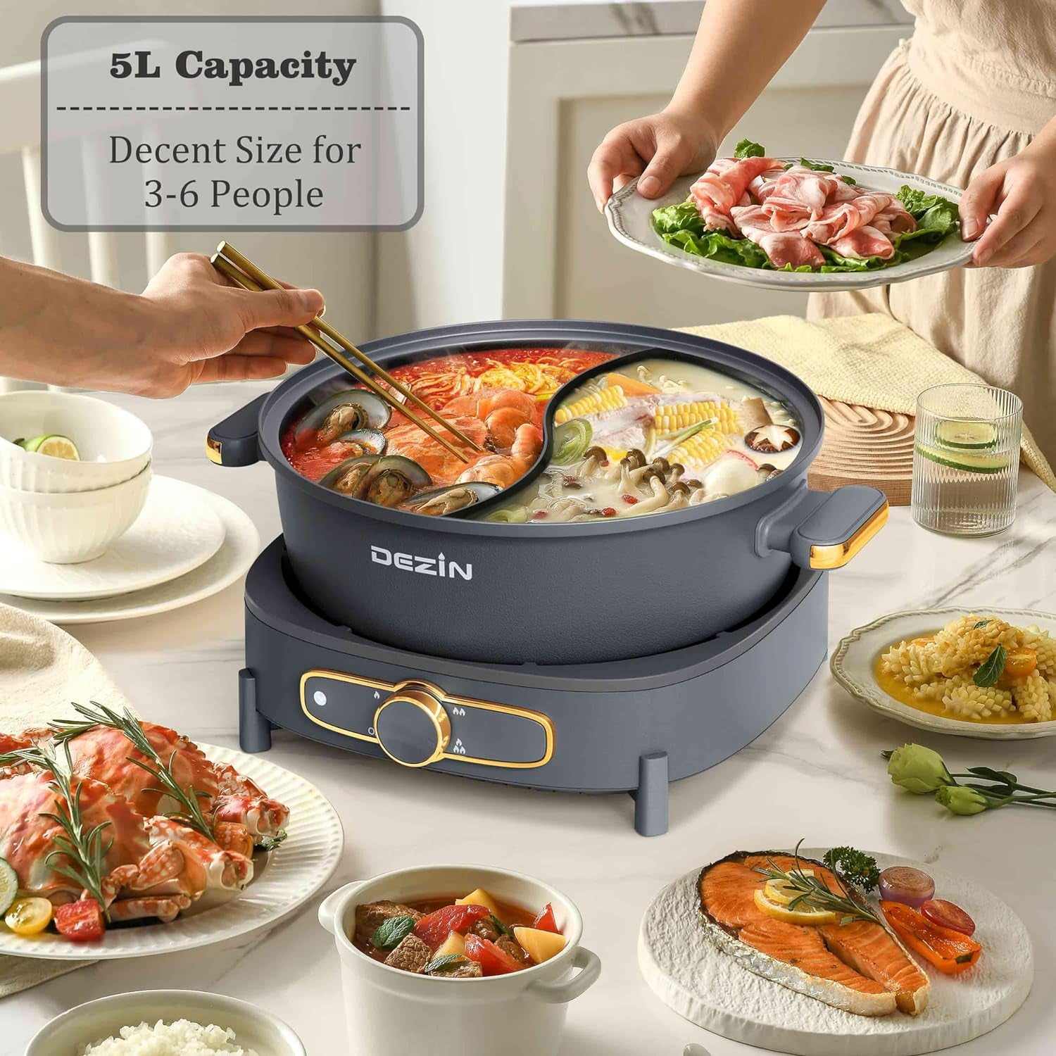 Electric Hotpot Pot with Divider, 5L Double-Flavor Shabu Shabu Pot, Dual Sided R