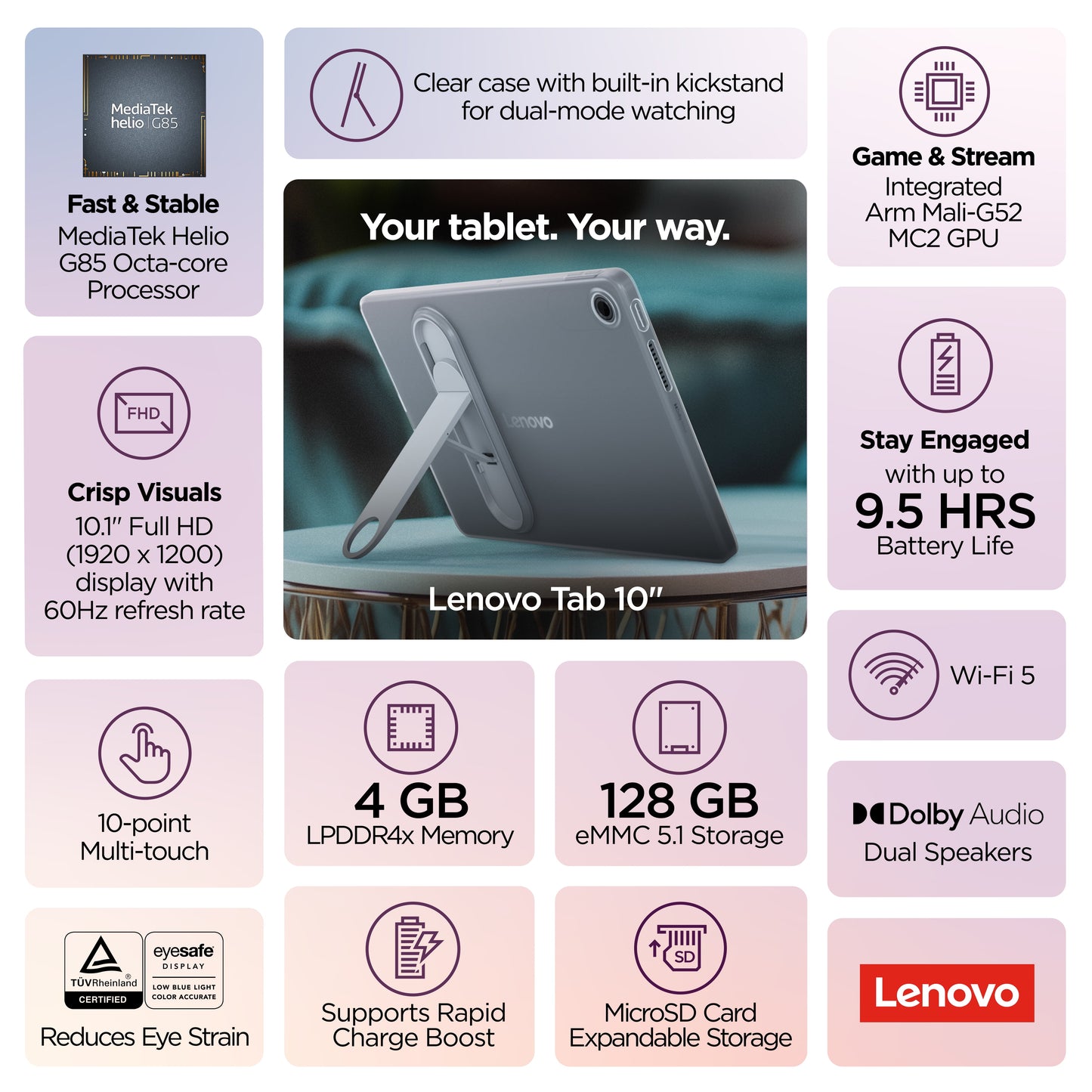 Tab 10.1 1920 X 1200 60Hz Mediatek Helio G85 4G 128G Wifi 5 Android 14 ZAEH0148US