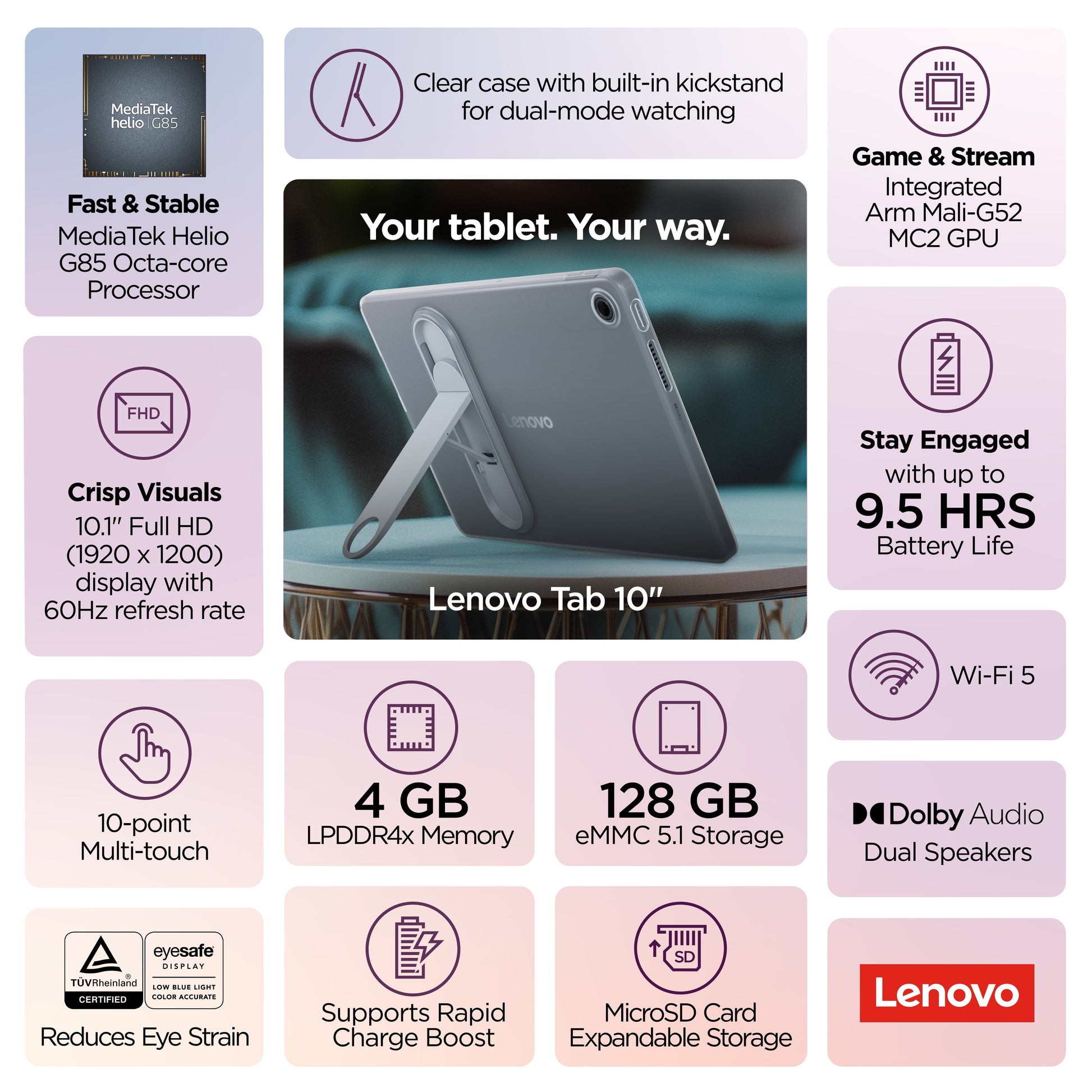 Tab 10.1 1920 X 1200 60Hz Mediatek Helio G85 4G 128G Wifi 5 Android 14 ZAEH0148US