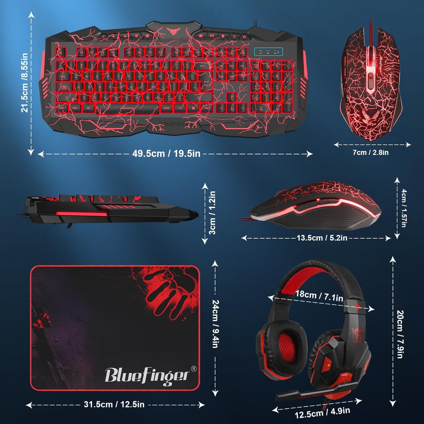 Gaming Keyboard Mouse Headset Combo, USB Wired Crack Backlit,114 Keys Letters Glow LED Keyboard, Red LED Light Headset for Laptop PC Computer Work and Game