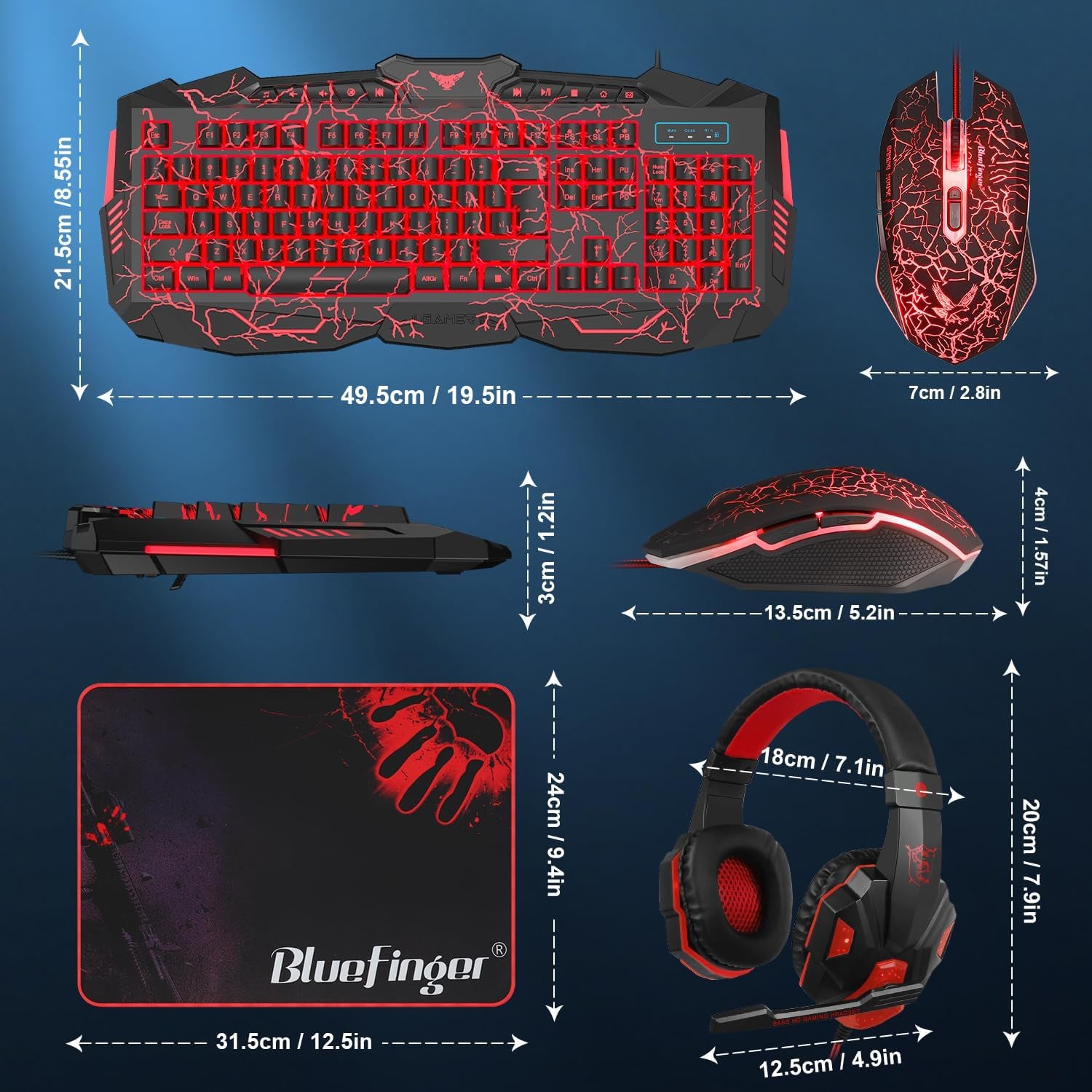 Gaming Keyboard Mouse Headset Combo, USB Wired Crack Backlit,114 Keys Letters Glow LED Keyboard, Red LED Light Headset for Laptop PC Computer Work and Game