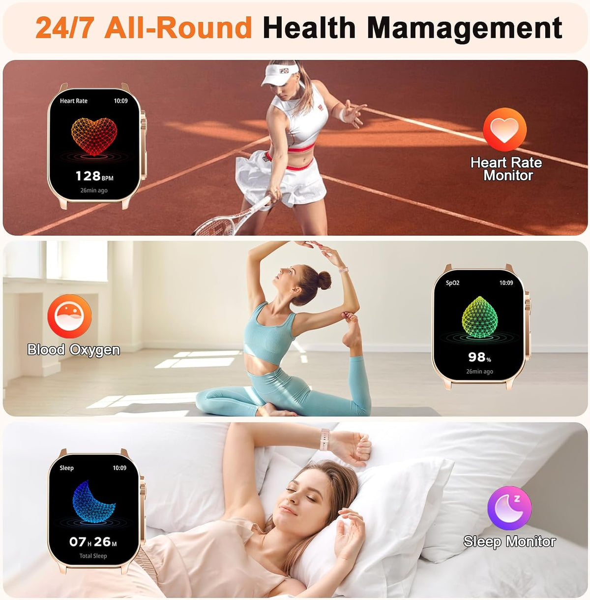 Smart Watch for Women, 2.01" AMOLED Curved Display Fitness Tracker with Answer/Make Calls, 100+ Sport Modes, 24/7 Heart Rate/Sleep Monitor/Pedometer, IP68 Waterproof Smartwatch, for Android Ios Pink