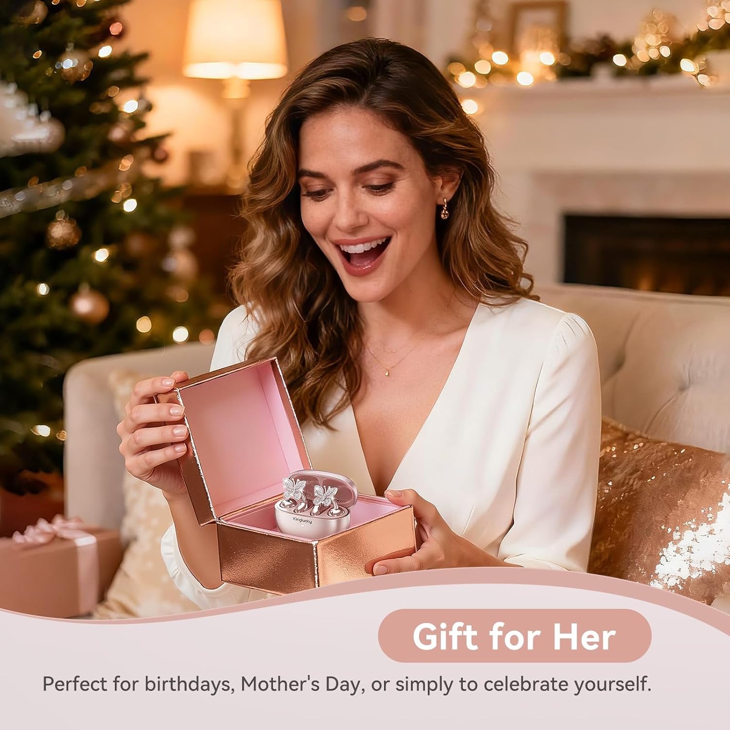 Clipfree Open-Ear Headphones with Butterfly Earrings, Ultra-Comfort & Snug Fit Clip on Earbuds, 50H Playtime Bluetooth 6.0 Wireless Headphones for Women Gifts, Sports & Workouts (Rose Gold)