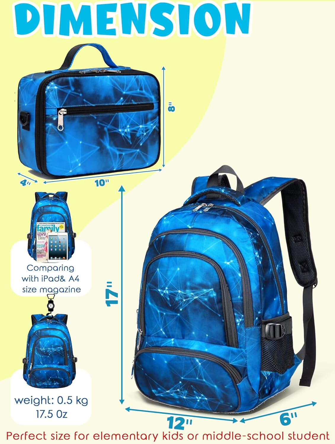 Boys Backpacks Set with Lunch Bag for Kids Primary Elementary School Bags for Teens Middle Book Bags with Insulated Lunch Box for Adolescentes Back to School Travel Aged 8-10 Blue18