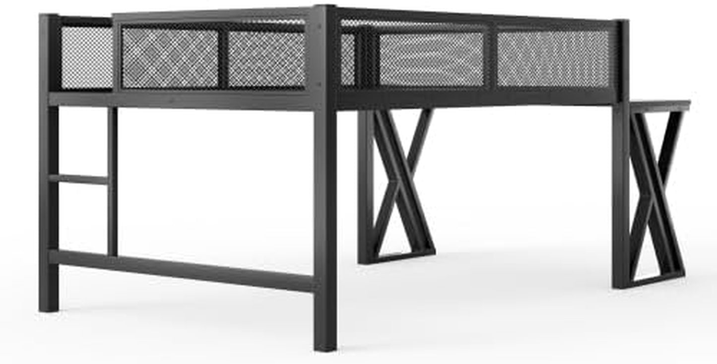 Full Size Gaming Loft Bed with Desk, USB Ports & LED Lights, Metal Loft Bed Frame with Mesh Guardrails, Space-Saving for Dorms, Bedrooms, & Gaming Setups (Black/Full)