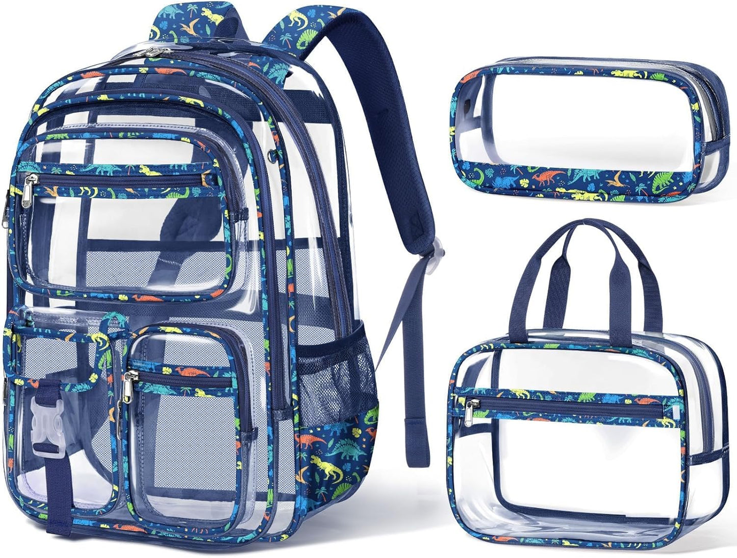 Clear Backpack for Boys, 3PCS Heavy Duty PVC Transparent Boys Backpack with Lunch Box & Pencil Case, School Stadium Event Approved Toddler School Bookbag for Preschool Kindergarten Elementary