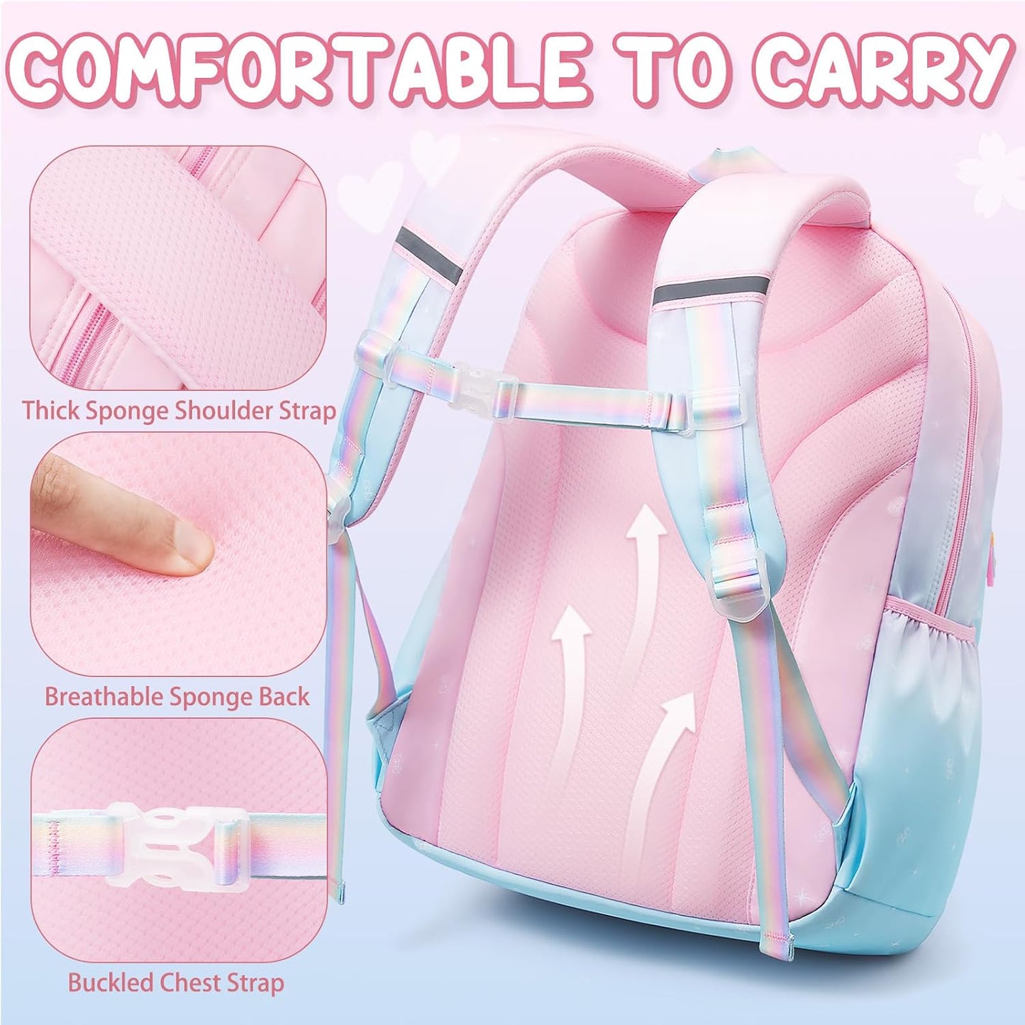 Backpack for Girls, 3 PCS Waterproof Kids Backpack with Lunch Box & Pencil Case, Gradient Backpacks for Teen Girl Kindergarten Elementary Middle High School Student Back to School Bookbag Set