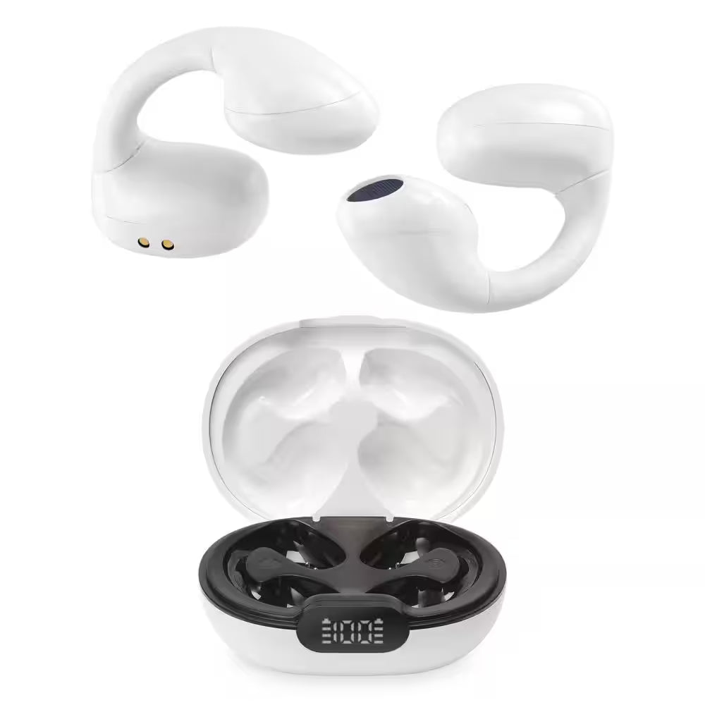 White Truly Wireless Bluetooth Open Ear Clip, Supports Siri and Google Assistants, Sweatproof Earbud and In-Ear