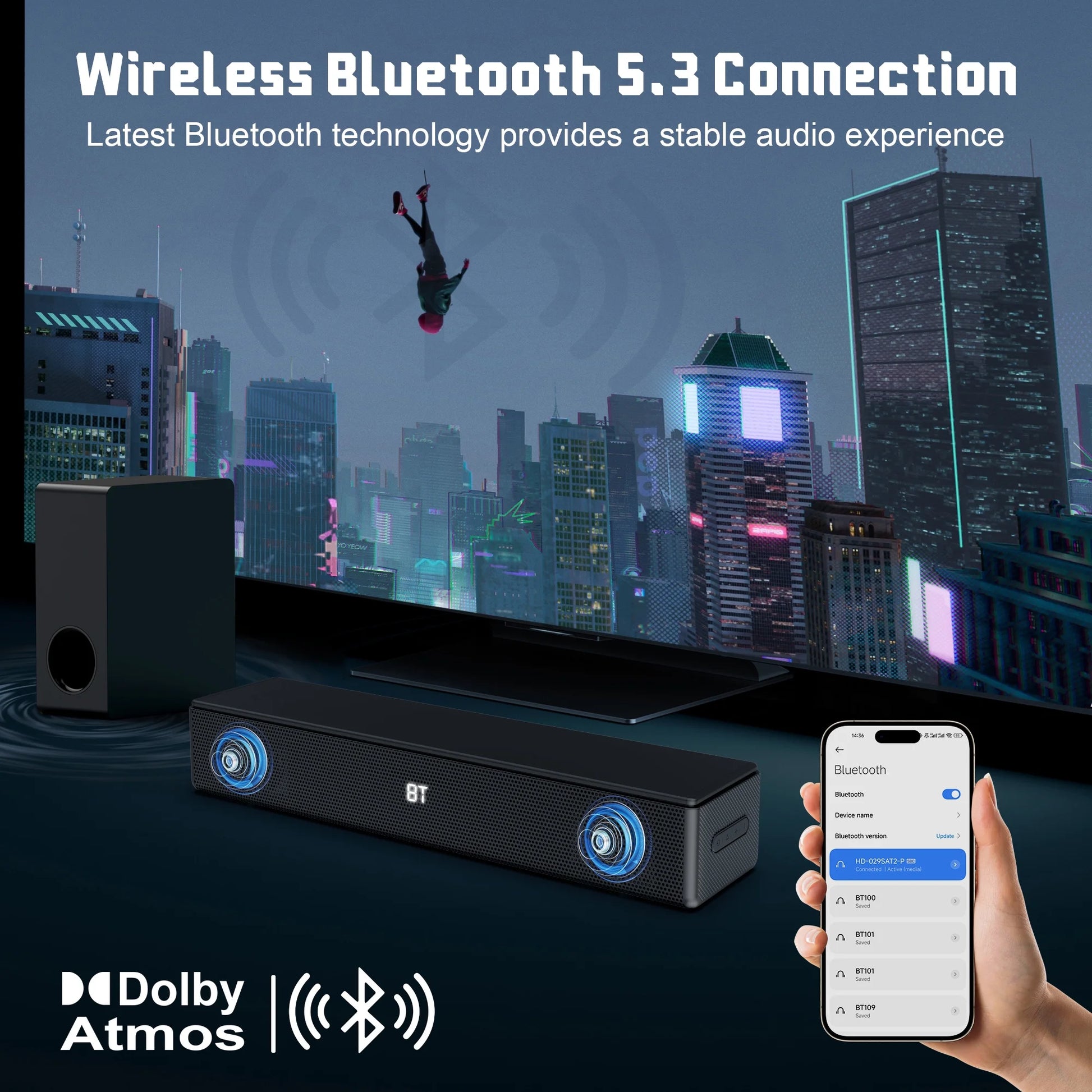 Sound Bar for TV, 200W Peak Power Dolby Atmos Soundbar with Subwoofer, 2.1 CH 3D Surround Home Audio TV Speakers with Remote Control, Bluetooth 5.3/Hdmi-Arc/Aux/Opt
