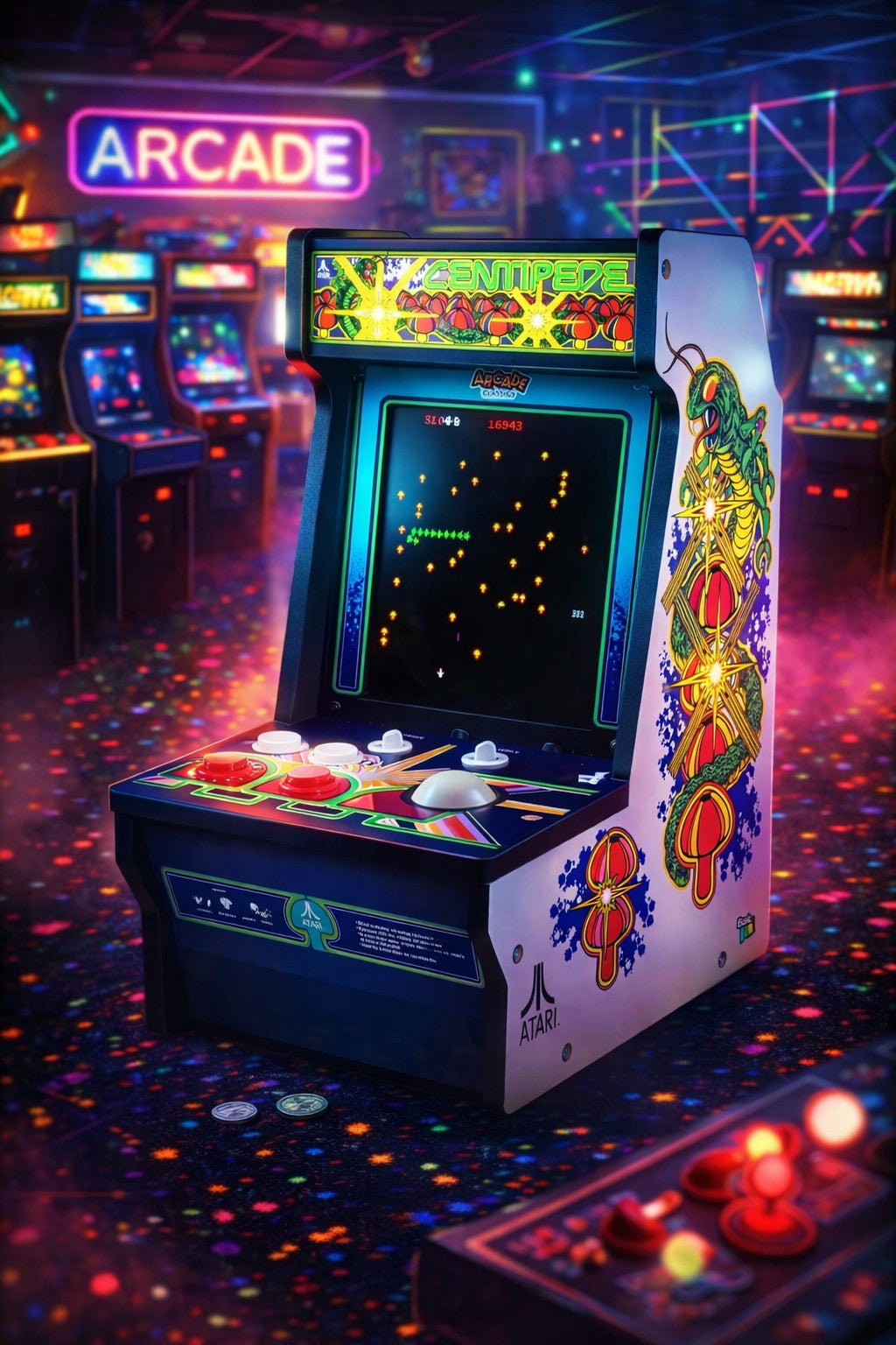 - Atari Centipede Counter Series Game Machine, 5 Games, 8" Liquid Crystal Screen - Mini Cabinet, Portable Gaming, Retro, Countertop Console, Basement Decoration, Man Cave