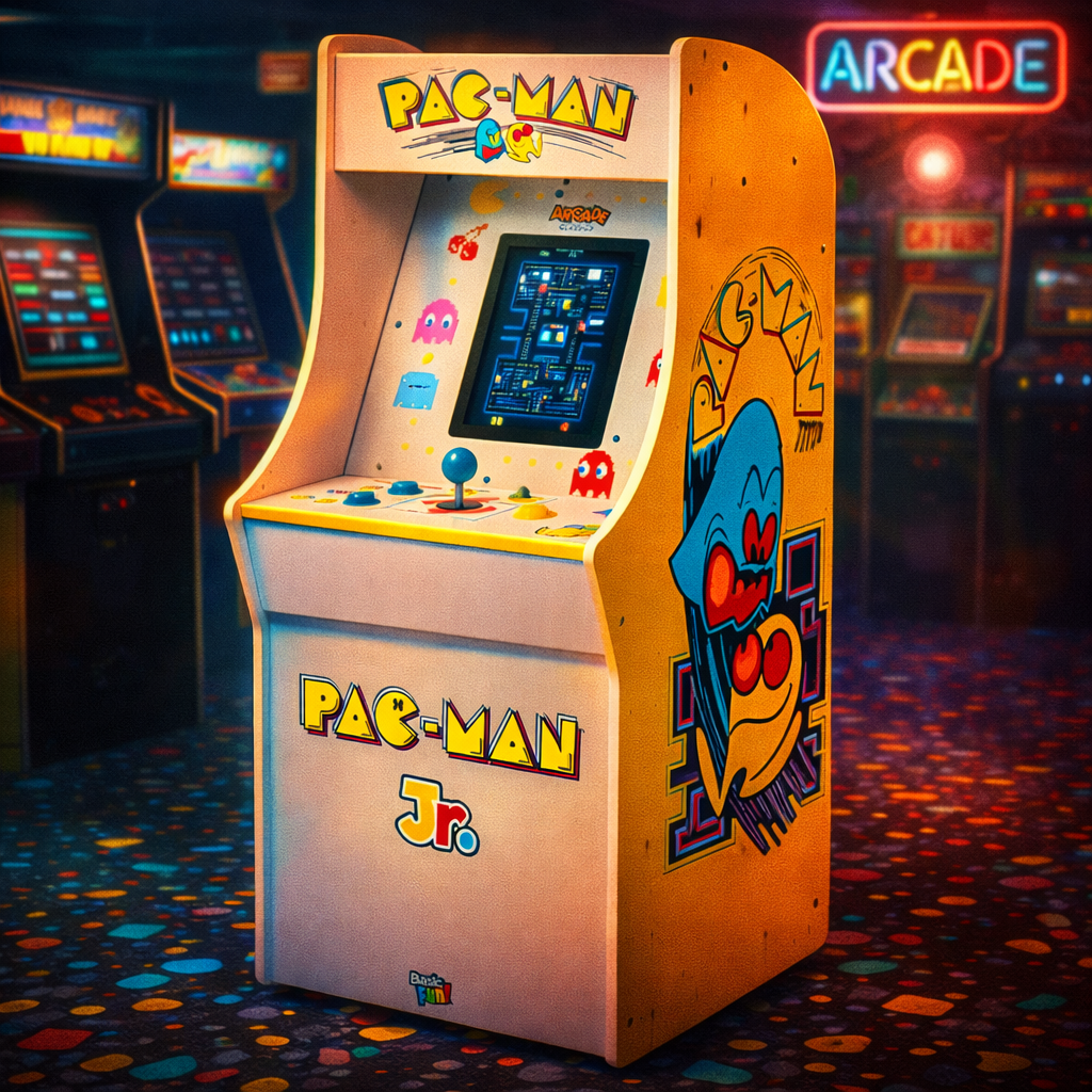 Pac Man Jr Series Free Standing Machine, 3 Games, 8" Liquid Crystal Screen - Arcade Game for Basements, Garages, or Game Rooms