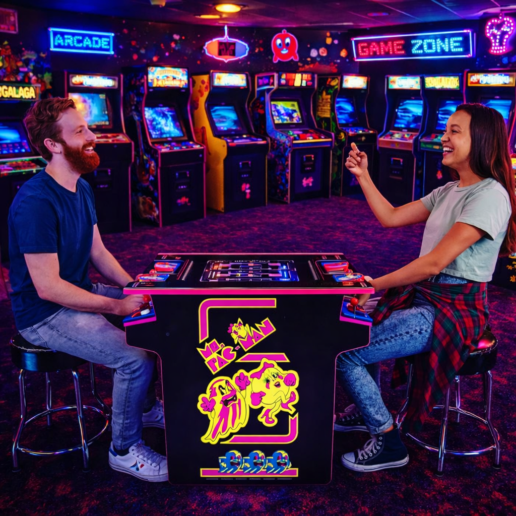 Arcade1Up Ms.Pac-Man Arcade Cocktail Table, Built for Your Home, Light-Up Control Deck, 2 Player Control Panel