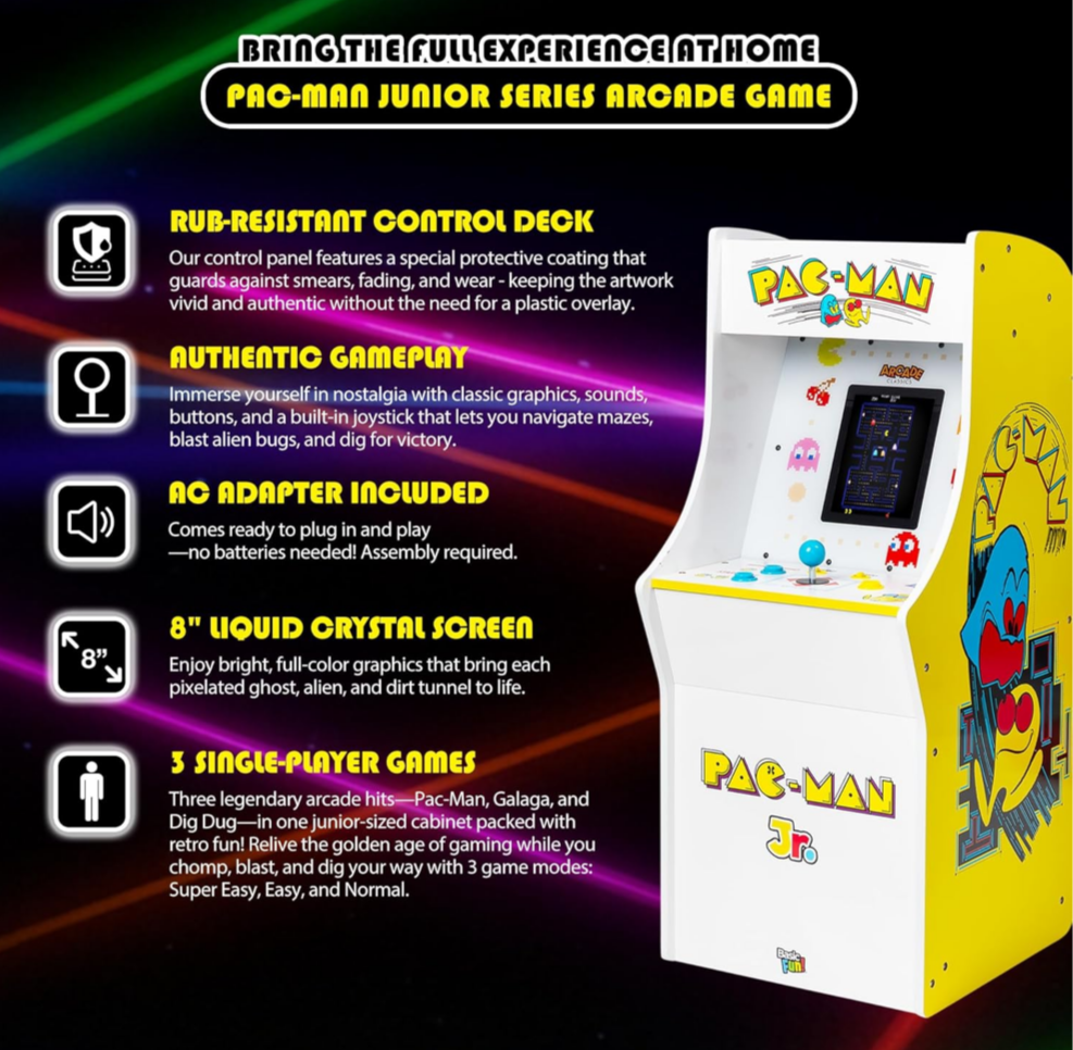 Pac Man Jr Series Free Standing Machine, 3 Games, 8" Liquid Crystal Screen - Arcade Game for Basements, Garages, or Game Rooms